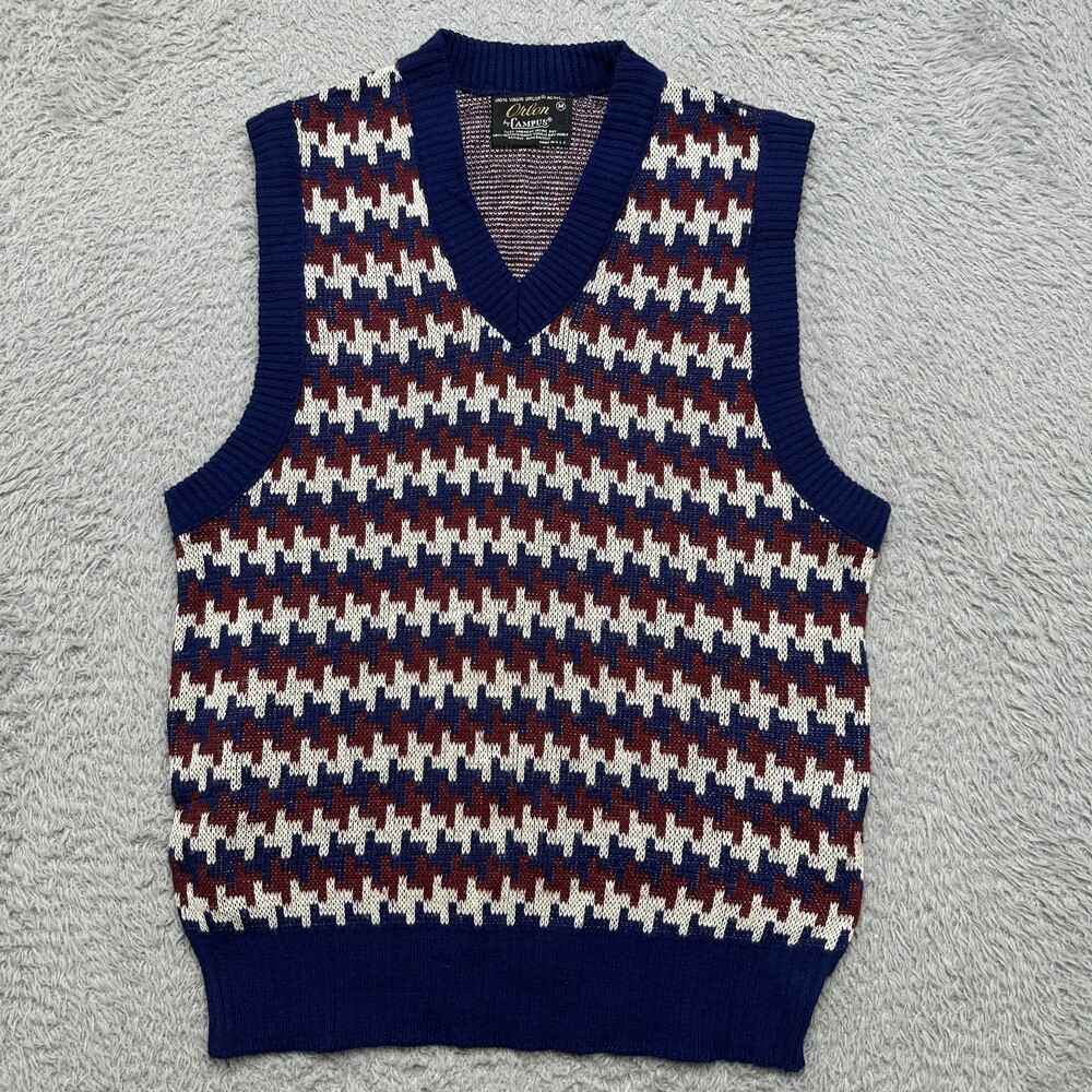 Vintage 70s V-Neck Sweater Vest Mens M Blue Red Houndstooth USA Made